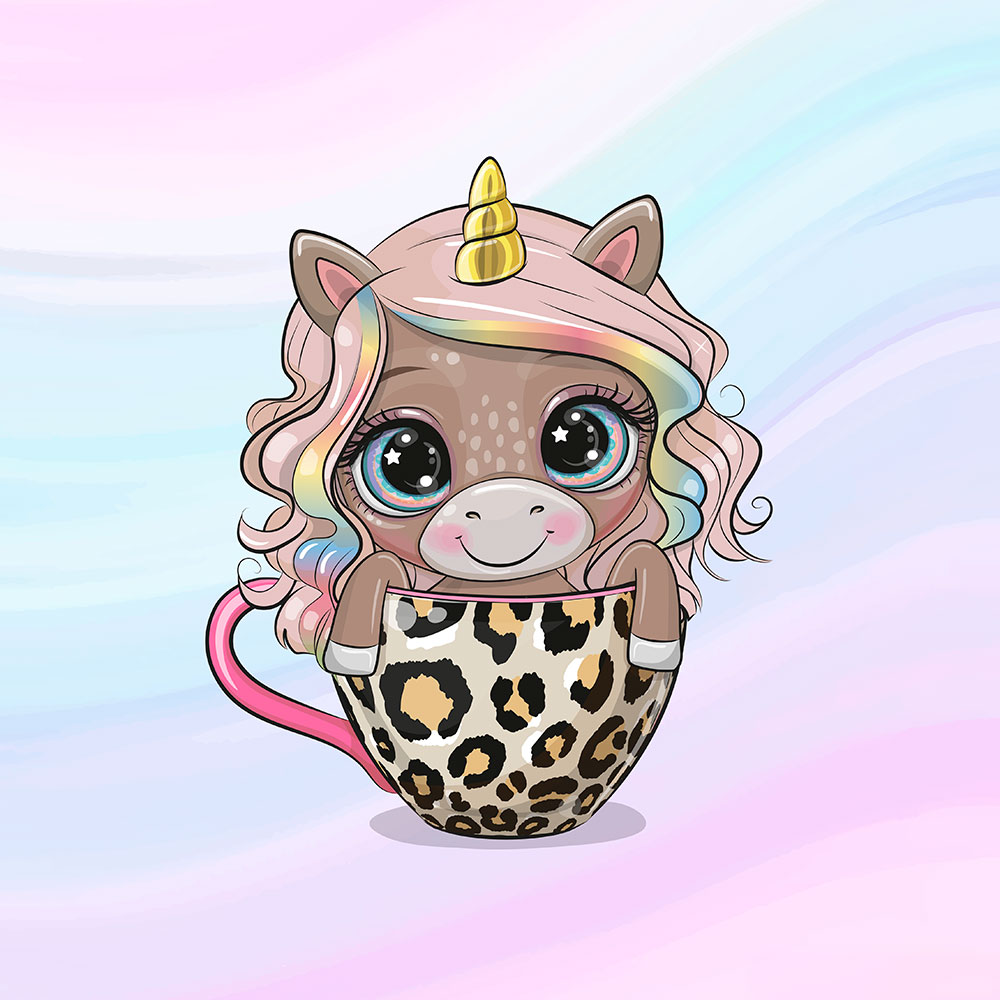 French Terry Panel Einhorn in Tasse Aquarell